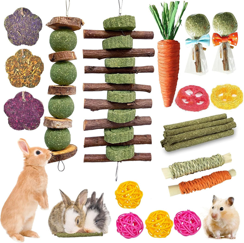 Jorewood 21 Pcs Rabbit Chew Toys for Teeth, Natural Bunny Toys Peach Wood Grass Timothy Sticks Chew and Treat for Guinea