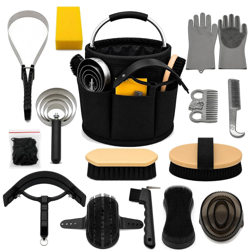 Horse Grooming Kit For Care Bathing & Shedding Brushes & Curry Combs with Organizer Bucket & Silicone Grooming Gloves Al