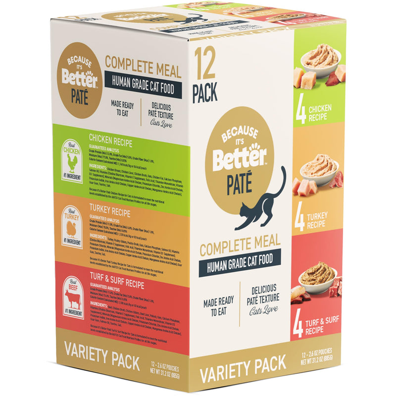 Because It’s Better Pate Complete Meal - Wet Cat Food - Variety Pack - Ocean, Turkey & Chicken Flavors - Organic, Balanced, Smooth Pate Texture, Human-Grade Ingredients, 2.6 oz Pouches (12 Count)