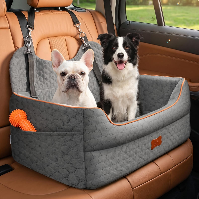 Dog Car Seat for Large/Medium Dogs - Memory Foam Dog Booster Seat for Under 55Lbs or 2 Small Dogs-Detachable and Washable Travel Bed with Thick Cushion and Storage Pockets-Grey