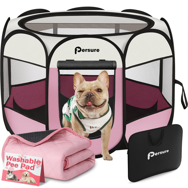 Dog Cat Playpen Indoor Outdoor for Puppy Pet Dogs Cat Recovery After Surgery, Dog Tent Crates Cage Indoor/Outdoor, Portable Pop Up Kennel with Carrying Case for Travel (Pink with Pad, Small)