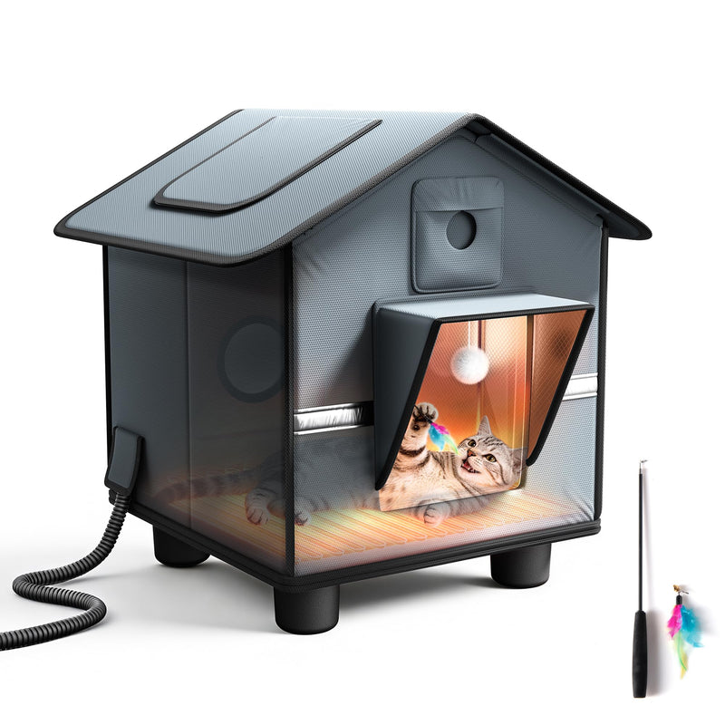 Heated Cat House for Outside for Winter - Elevated Weatherproof Feral Cat Shelter with Aluminum Insulation & 30W Heating Pad, Waterproof Outdoor Pet House for Single Small Cat Up to 12lbs, Barn Porch