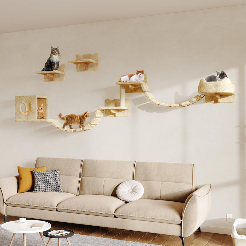 Homiflex 9-in-1 Cat Wall Shelves, Stable & Safe Wall Mounted Cats Shelf Furniture Set with Plush Fabric, Wooden Cat Climbing Wall Systems with Scratching Post, Bridge Ladder, Floor Space-Saving, Beige
