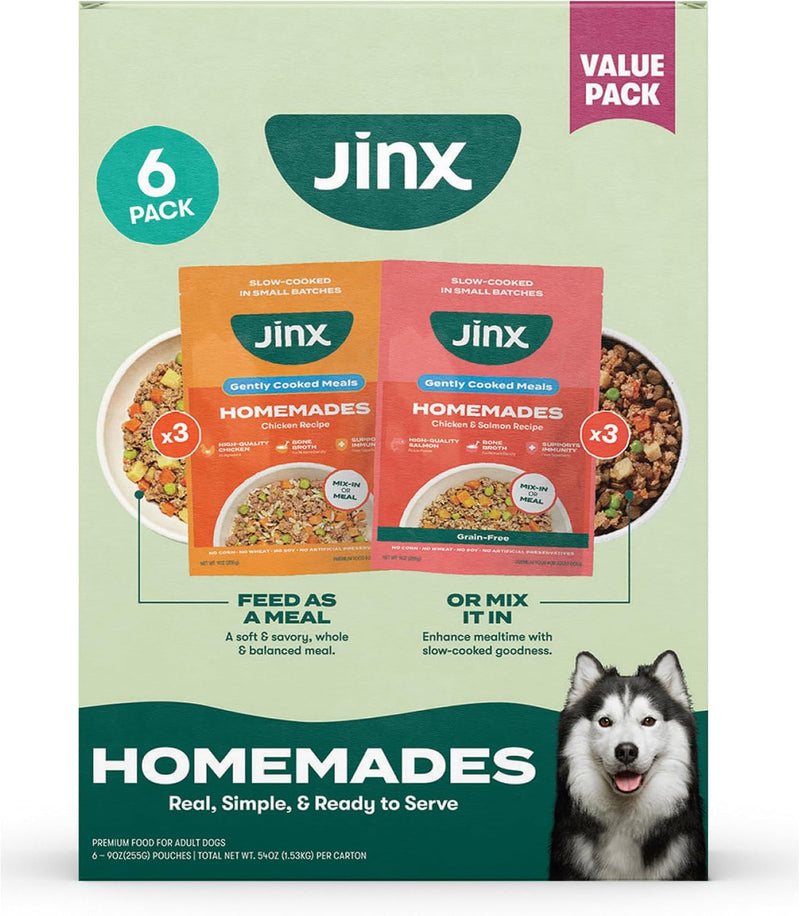 Jinx Wet Dog Food Toppers, Homemades Variety 6 Pack - Chicken & Grain Free Chicken & Salmon - Meal & Mix in Dry Dog Food Toppers Made with Real Ingredients, No Fillers - Puppy, Adult & Senior - 9oz