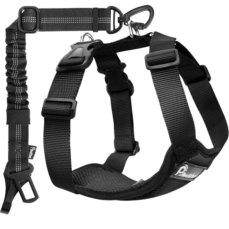 Pawaboo Dog Seat Belt Harness for Car, Dog Car Harness Seatbelt with Double Clips, Adjustable Breathable Pet Vest & Dogs Safety Tether with Elastic Bungee for Small Medium Large Pet, L, Black