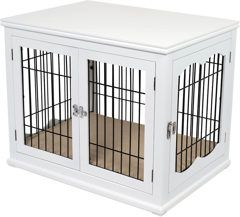 BIRDROCK HOME Decorative Dog Kennel with Pet Bed - Small Indoor Pet Crate, Double Door Design, Engineered Wood & Metal W