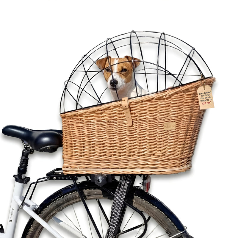 Wiklibox Natural Wicker Dog Bike Basket - 100% Organic Rattan Pet Carrier with Protective Grille - Eco Friendly Design - Soft Cotton Cushion