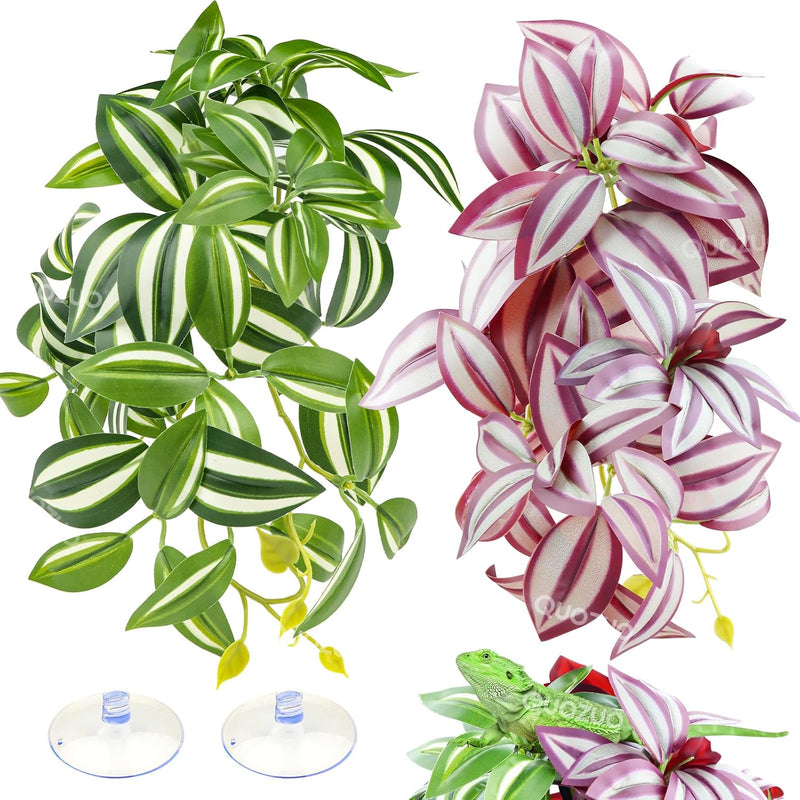 QUOZUO 2 Pack Reptile Plants, Artificial Hanging Plants with Suction Cups, Habitat Decor Plastic Vines Decorations for B