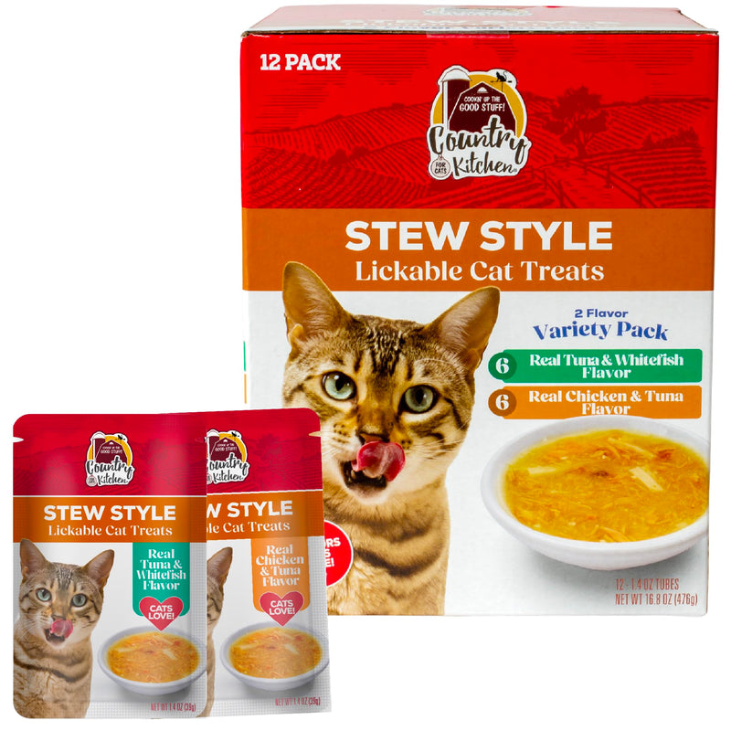 Country Kitchen Stew Style Lickable Cat Treats, 2 Flavor Variety Pack, Includes Tuna & Whitefish and Chicken & Tuna Made with Real Meat, 5 oz. Tubes, 12 Count