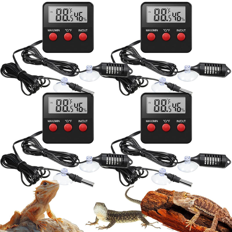 Weewooday 4 Pcs Digital Reptile Thermometer Hygrometer Gauge with Probes