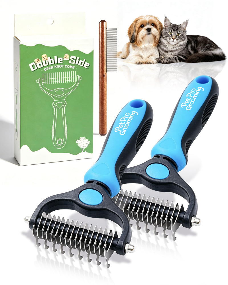Pet Pro Grooming, Pet Pro Grooming Tool, 2-In-1 Double-Sided Grooming Tool, Dematting Comb for Dogs and Cats, Removes Tangles Knots and Loose Fur (2Pcs Blue)