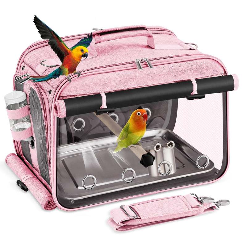 Sanmoncare Airline Approved Bird Carrier, Indestructible Stainless Steel Mesh Parrot Travel Cage, Cockatiels Travel Carrier Lightweight and Portable with Water Bottle and Bowl