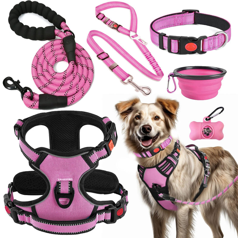 LOBEVE No Pull Dog Harness, Collar & Leash Set | Includes Dog Seat Belt, Collapsible Bowls & Poop Bag Dispenser. Ideal for Training, Walking, Hiking. Fits Small to Large Dogs(Pink-L)