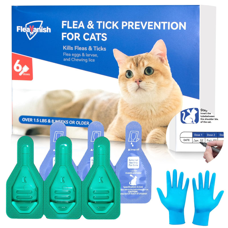 Cat Flea and Tick Drops - 6 Month Supply | Fast-Acting & Long-Lasting & Waterproof | Easy Snap-Off Tubes | Includes 6 Nitrile Gloves & Tracker Calendar | for Cats and Kittens Over 1.5 lbs and 8 Weeks+