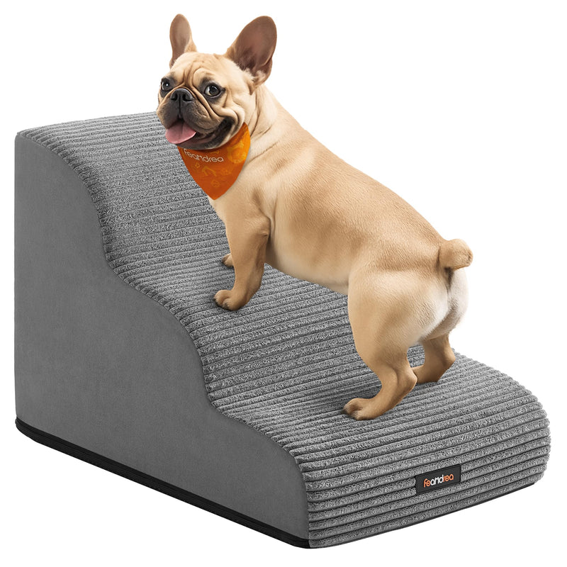 Feandrea 3-Step Dog Stairs, Dog Steps for Bed, Sofa, Waterproof Pet Stairs with Anti-Slip Designs, Gentle Slope, Removable Washable Cover, Handle, Dove Gray UPPS003G01