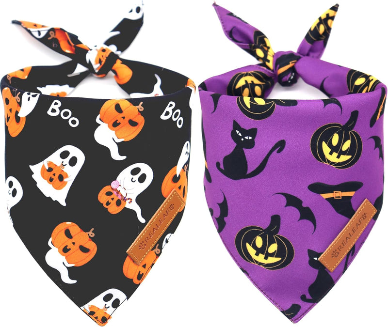 Realeaf Halloween Dog Bandanas 2 Pack, Reversible Orange Pumpkin Pet Scarf for Boy and Girl, Premium Durable Fabric, Hol
