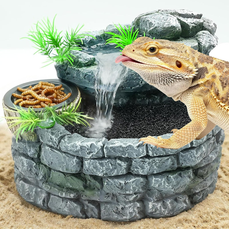 MIXJOY 2 in 1 Reptile Water Fountain with Food Dish 550ML, Terrarium Reptile Waterfall Drinking Fountain, Reptile Water
