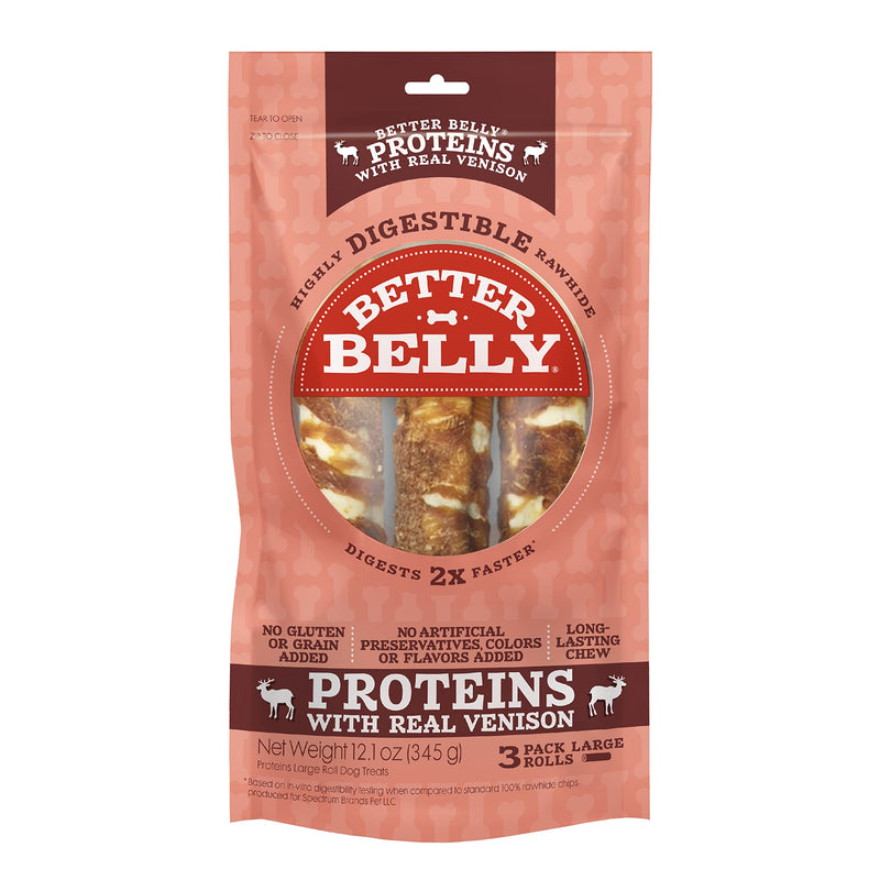 Better Belly Proteins with Real Venison Large Rolls 3 Count, Digestible Rawhide for Dogs, 12.1 Ounce (Pack of 1)