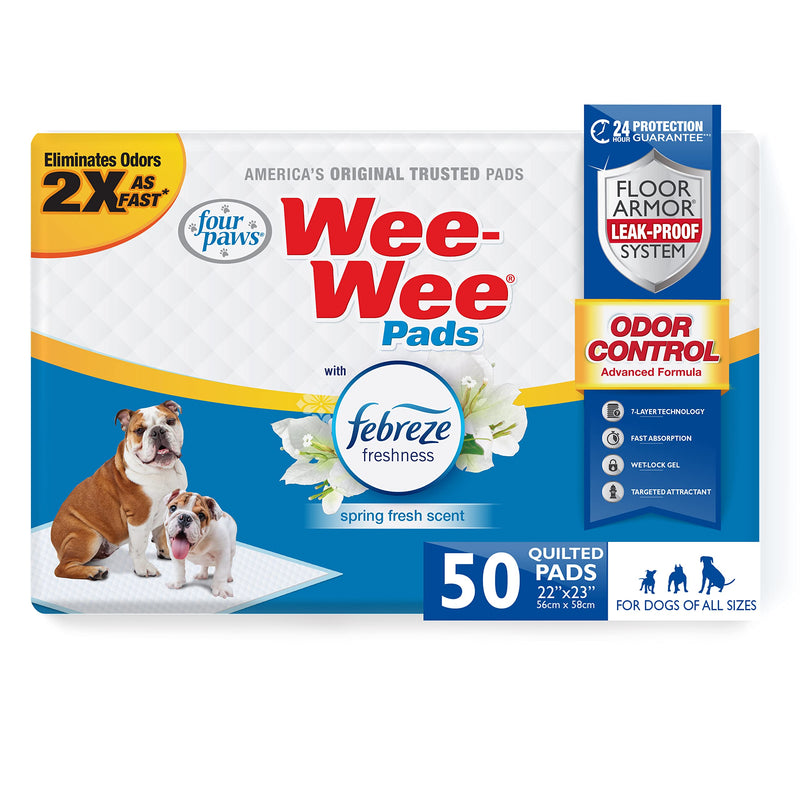 Four Paws Wee-Wee Odor Control with Febreze Freshness Pee Pads for Dogs & Puppies, Leak-Proof Dog Housebreaking Potty Training Floor Protection, Spring Fresh Scent, 22