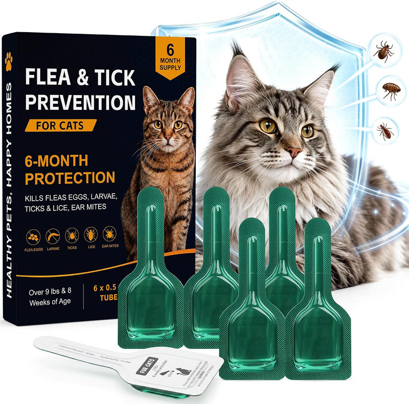 Flea and Tick for Cats, Topical Flea Drops for Cat 9lb+, 6 Pack
