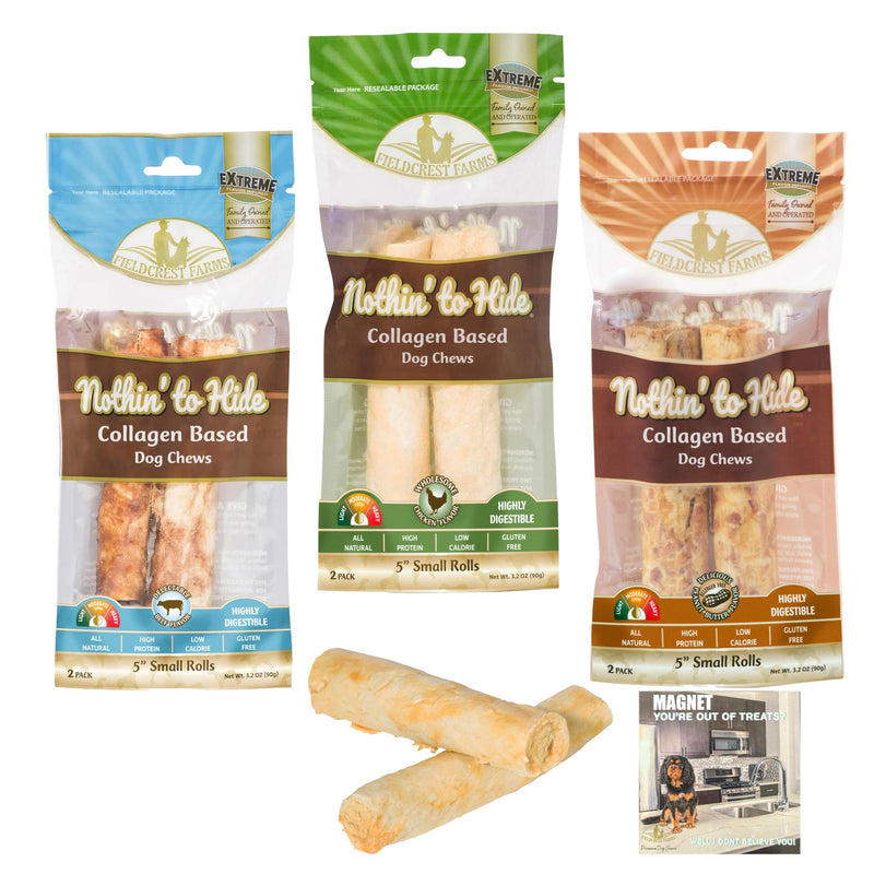 Fieldcrest Farms Nothing to Hide Natural Rawhide Alternative Rolls for Dogs - 3 Pack Bundle (Chicken, Beef, Peanut Butter) Premium Grade Easily Digestible Chews for Moderate Chewers up to 35 lbs