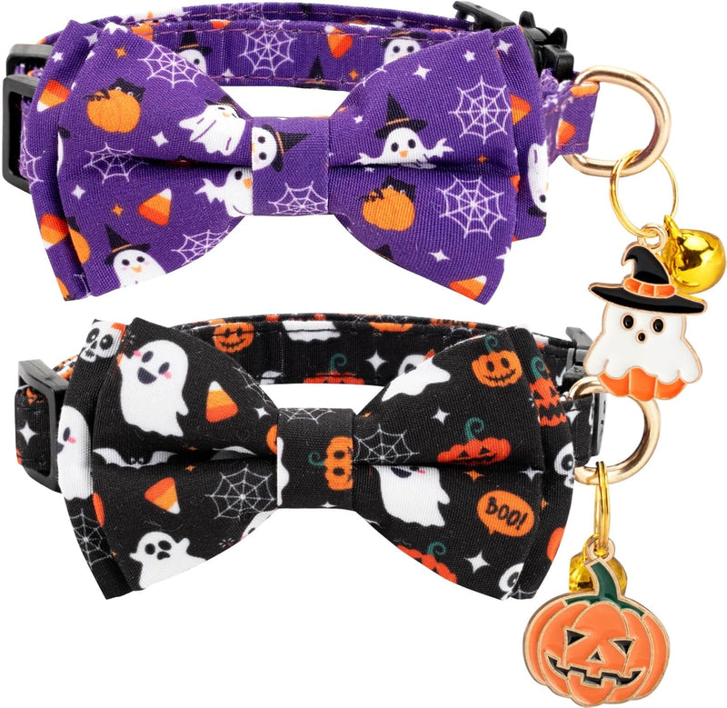 2 Pack Cotton Cat Collar with Bow Tie and Bell for Male Female Cats,Soft Fancy Breakaway Kitty Kitten Collar with Ghost&
