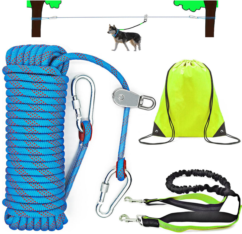 Dog Tie Out Cable for Camping, Dog Trolley System and 4ft Bungee Leash for Dogs Up to 400lbs, Suitable for Camping, Yard and Outdoor Events (Blue25, 50Ft)