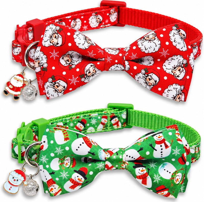 Christmas Cat Collars 2 Pack, Festive Santa & Snowman Bow Tie Collars with Bell and Charm, Adjustable Holiday Cute Xmas