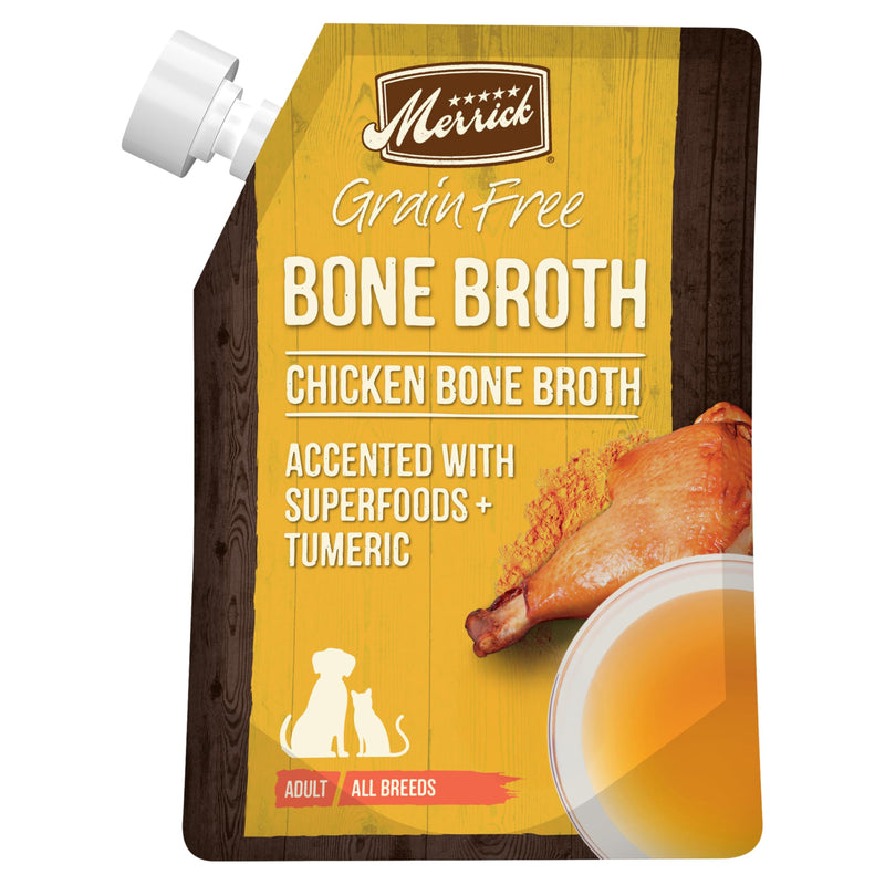 Merrick Grain Free Bone Broth, Premium Human Grade And Gluten Free Dog And Cat Food Topper Pouches, Chicken - 16 oz. Pouch