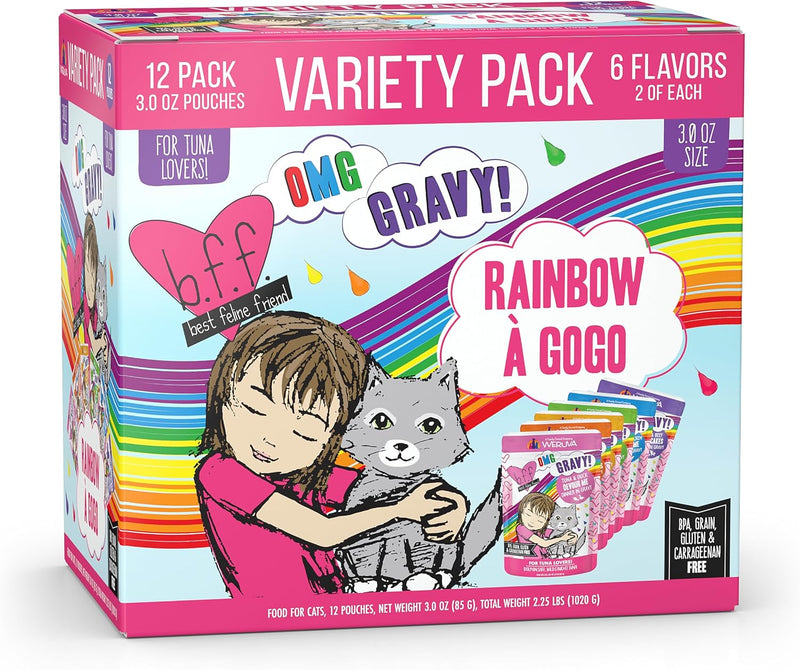 Weruva B.F.F. OMG - Best Feline Friend Oh My Gravy!, Rainbow A Gogo Variety Pack! Cat Food, 3oz Pouch (Pack of 12)