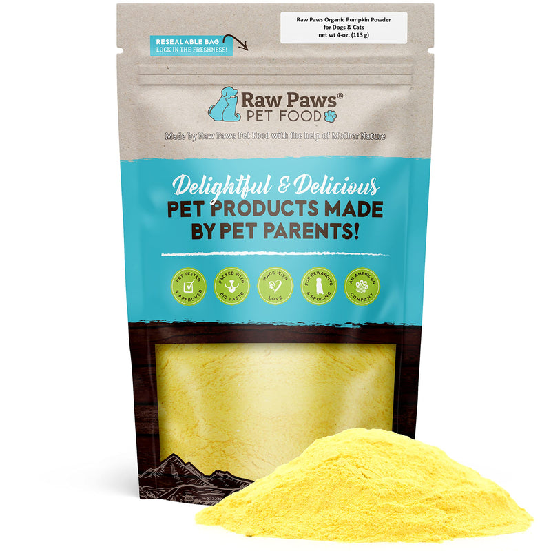 Raw Paws Organic Pumpkin Powder for Dogs & Cats (4-Ounce) - Made in USA - Fiber for Cats - Healthy Stool - Diarrhea & Constipation Relief - Dried Pumpkin for Dogs - Dog Food Topper