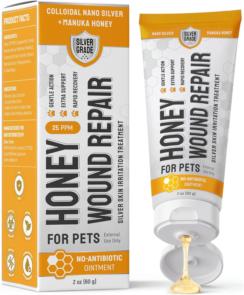 SILVER GRADE Dog Wound Care with Manuka Honey & Colloidal Silver for Scratches & Skin Irritations – Cat & Dog Hot Spot T