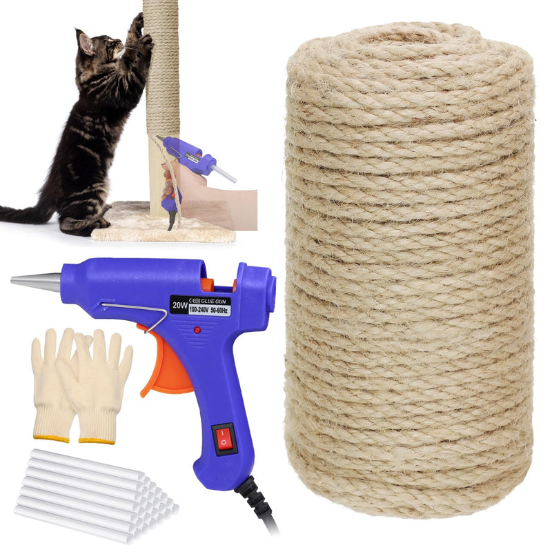164 FT Sisal Rope for Cat Scratcher Kits, 4MM Natural Hemp Twine Rope Replacement for Cat Scratching Post Repairing Scratcher Cat Tree Tower Toys Indoor DIY Craft with Hot Glue Gun and Glue Sticks