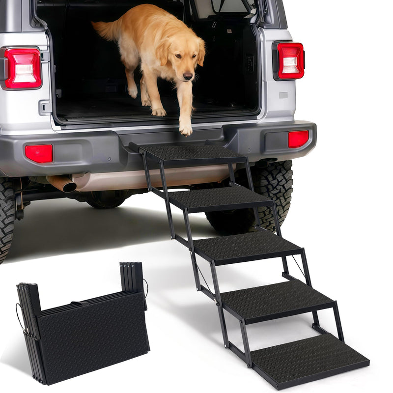 Foldable Dog Car Steps - Upgraded Non-Slip Pet Stairs for Large Dogs, Portable Metal Frame Dog Ramps for High SUV, Truck and Cars, Lightweight Pet Ladder with High Load-Bearing Capacity (5 Steps)