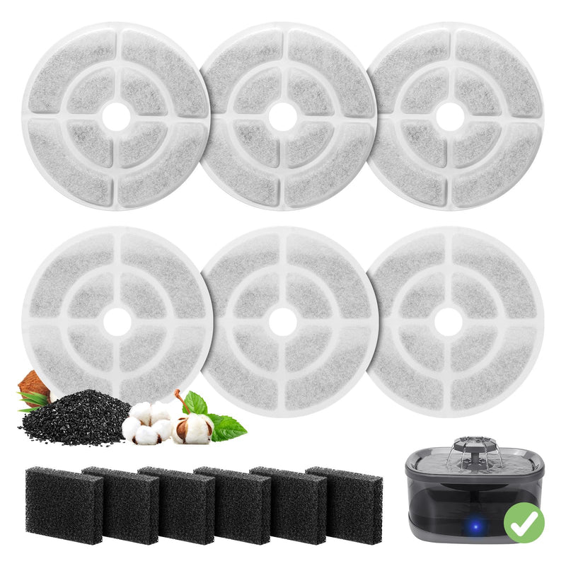 6 Pack Replacement Filters for 2.5Gal/9.5L Dog Water Fountain, GISOFIK 18CM Larger Cat Water Fountain Filters, Coconut Activated Dog Fountain Filters, Pet Fountain Filter Replacement(6 Pump Filters)