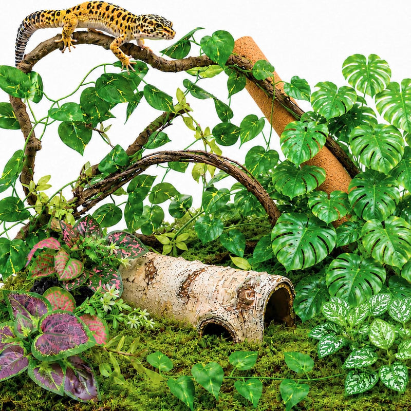 LIKZINWA Reptile Terrarium Decor Kit with Jungle Plants & Vines