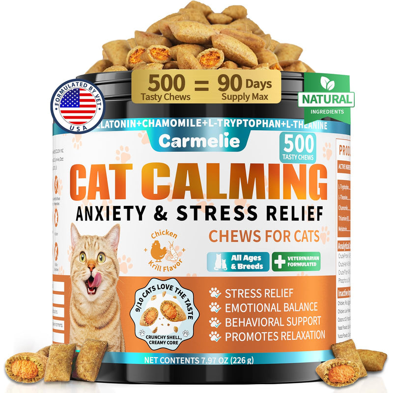 Cat Calming Treats, 500 Crunchy & Creamy Calming Cat Treats with Melatonin, Chamomile for Cats Stress and Anxiety Relief - Travel, Boarding, Vet Visits, Separation Anxiety, Chicken and Krill Flavored