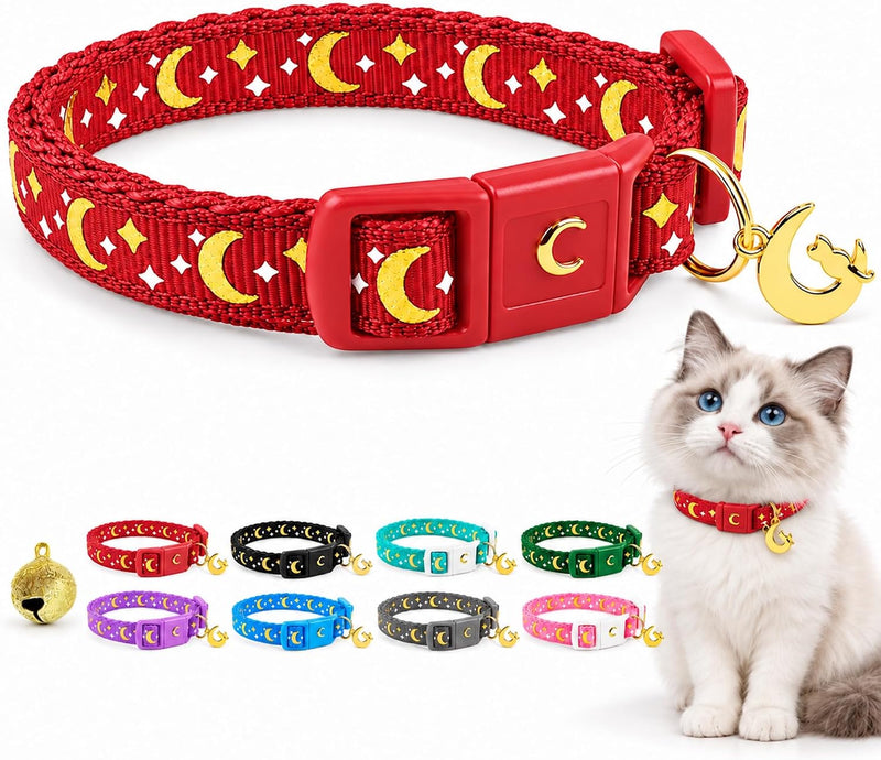 waaag Cat Collar, Gold Moons and Stars Cat Collar, Safety Breakaway Cat Collar with Bell, Glow in the Dark (Kitten 6.5