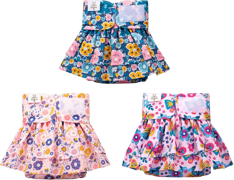 CuteBone Female Dog Diapers with Skirts 3 Pack Reusable Puppy Dresses Pants for Heat Cycle Period QBD11S