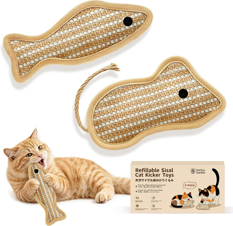 Refillable Catnip Kicker Toys, Sisal Fish & Mouse with Catnip & Silvervine Gall Fruit, Durable Interactive Cat Toy for I