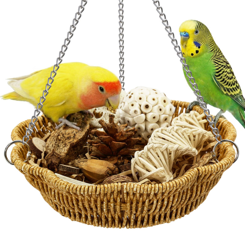 Jevnd 20Pcs Bird Foraging Toy Set with Hanging Basket, Natural Shredding & Chew Enrichment Toys for Parrots Cockatiels, Budgies, Parakeets, Cage or Floor Puzzle Foraging Toys for Mental Stimulation