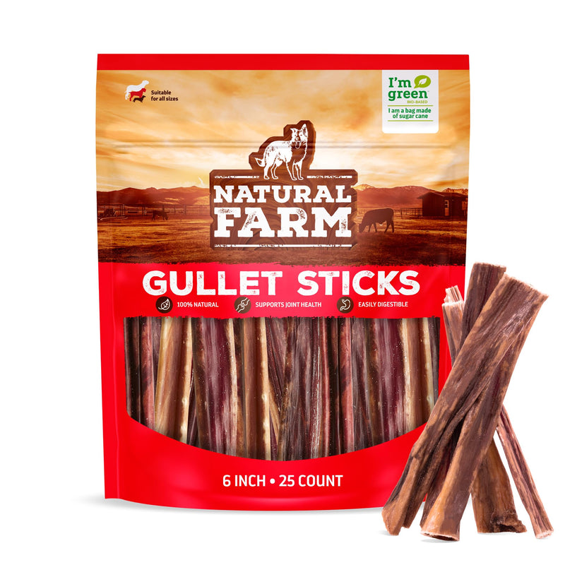 Natural Farm Gullet Sticks Chews for Dogs, 6 Inch (25 Count), Single Ingredient Jerky Esophagus Treats, Rawhide-Free Natural Glucosamine & Chondroitin, Great for Puppies, Seniors & Light Chewers