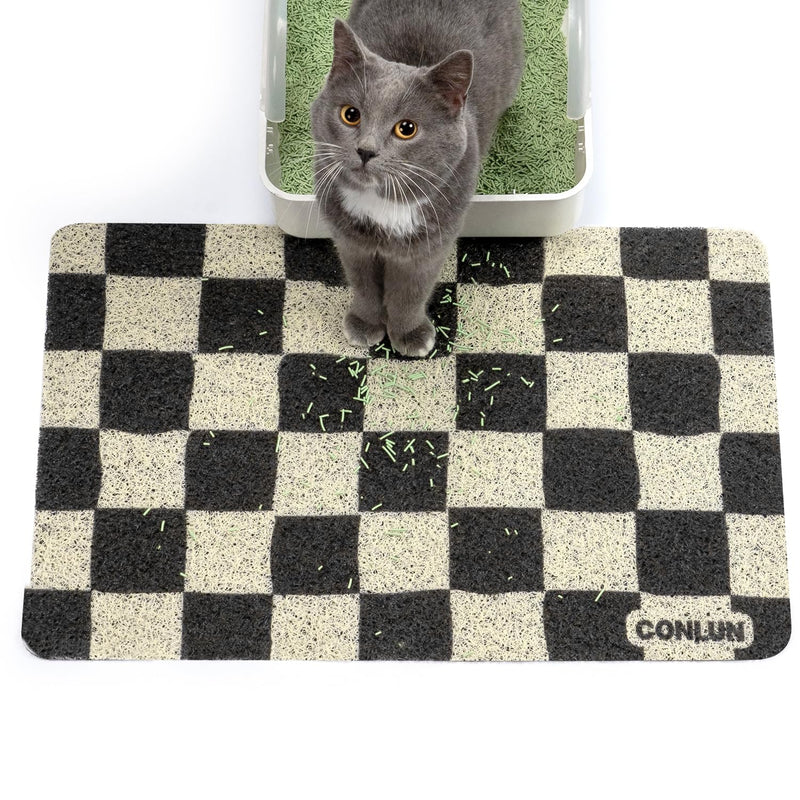 Conlun Cat Litter Mat Litter Trapping Mat, Premium Durable PVC Cute Cat Litter Box Mat, Non-Slip, Less Waste Kitty Litter Mat, Soft on Kitty’s Paws, 24”x 17” cat matts for litter, Chessboard