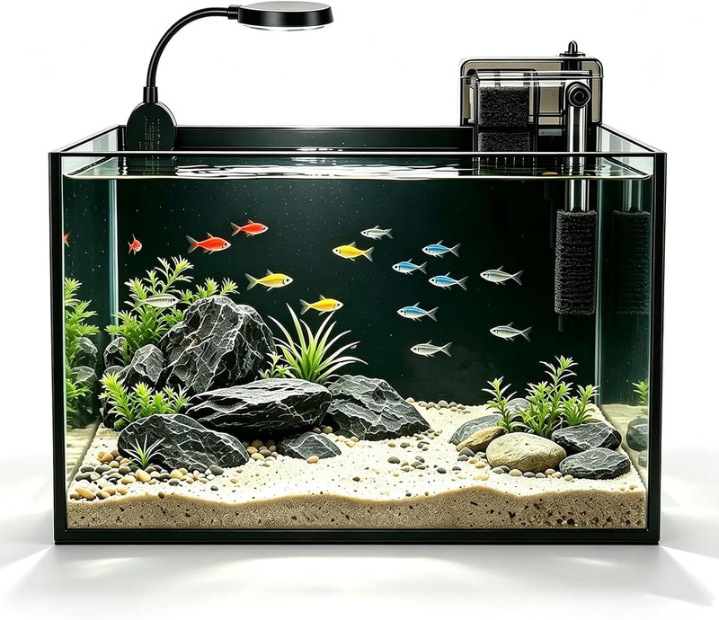 2.8 Gallon Small Glass Fish Tank, Desktop Nano Aquarium Starter Kit with Clip-on LED Light and Waterfall Filter Pump for