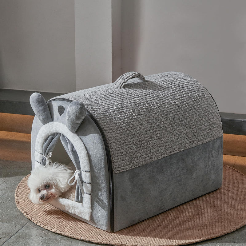 Jiupety Small Dog House Indoor, Cat House with Door Curtain Design, Puppy House with Reversible Washable Cushion, M Size Portable Pet Cave for 7-13 lb Cats and 5-11 lb Dogs, Non-Slip Bottom, Grey