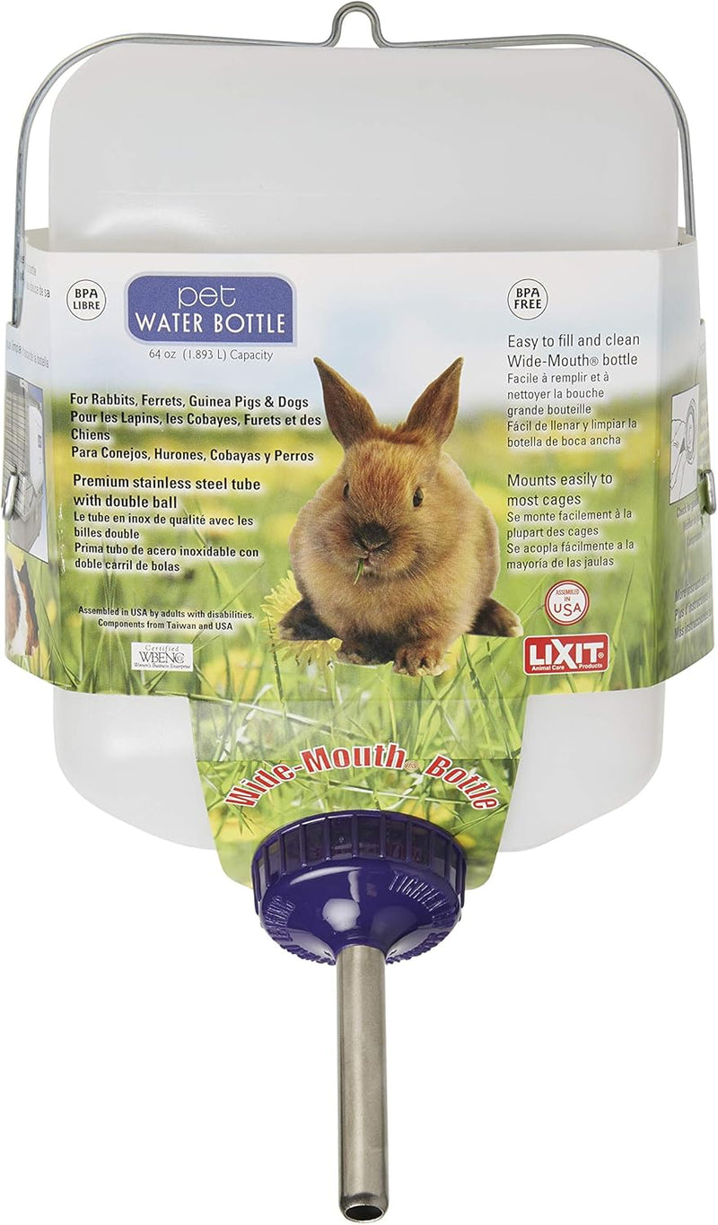 Lixit® All-Weather Rabbit Water Bottle - 64 Ounce Widemouth Cage Water Bottles for Rabbits, Ferrets, Guinea Pigs, Rats,