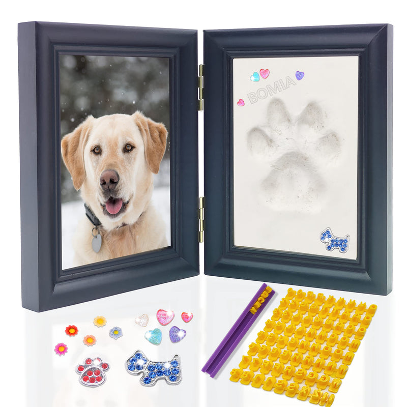 MYPAWLETS Dog or Cat Paw Print Kit with Trinkets,Pet paw Print Impression kit with 2 Clay,Wooden Dog Picture Frame,Personalized Gift Keepsake for Pet Lovers-Black