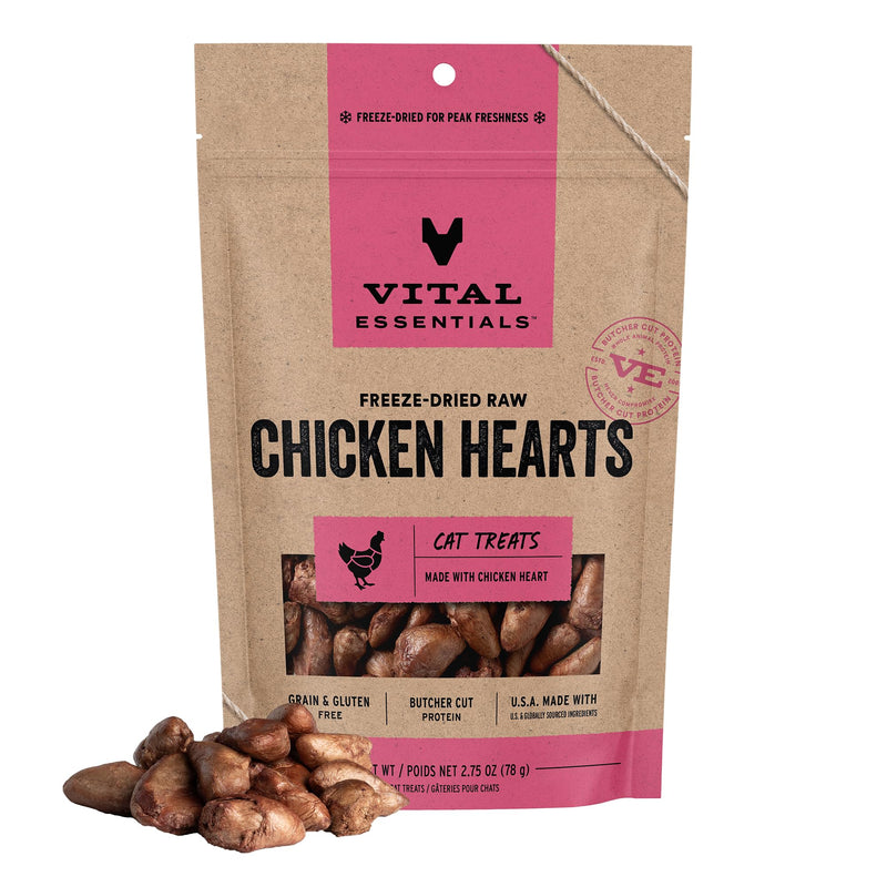 Vital Essentials Freeze Dried Raw Chicken Hearts Cat Treats | Single Ingredient | Premium Quality | Grain Free, Healthy Treats for Cats, 2.75 oz Bag