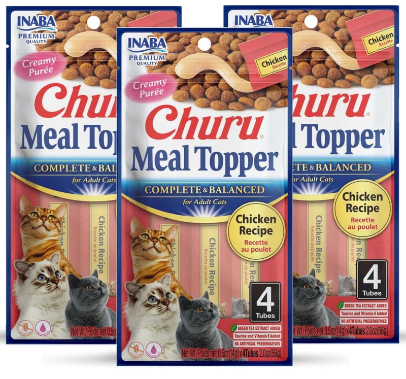 INABA Churu Meal Topper for Cats, Complete & Balanced, Creamy, Lickable Purée Cat Food Topper, 0.5 Ounce Tube, 12 Tubes (4 per Pack), Chicken Recipe