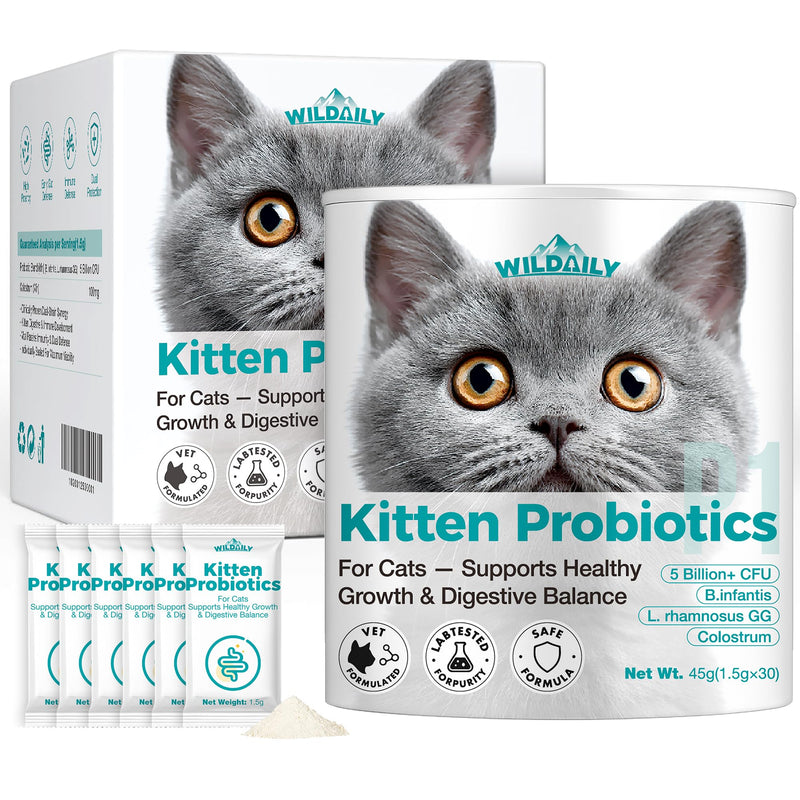 Wildaily Cat Probiotics,Veterinary-Formulated Kitten Probiotics with Colostrum - 30 Count Individual Packets,Diarrhea Relief, Immune & Digestive Health Support for Kittens